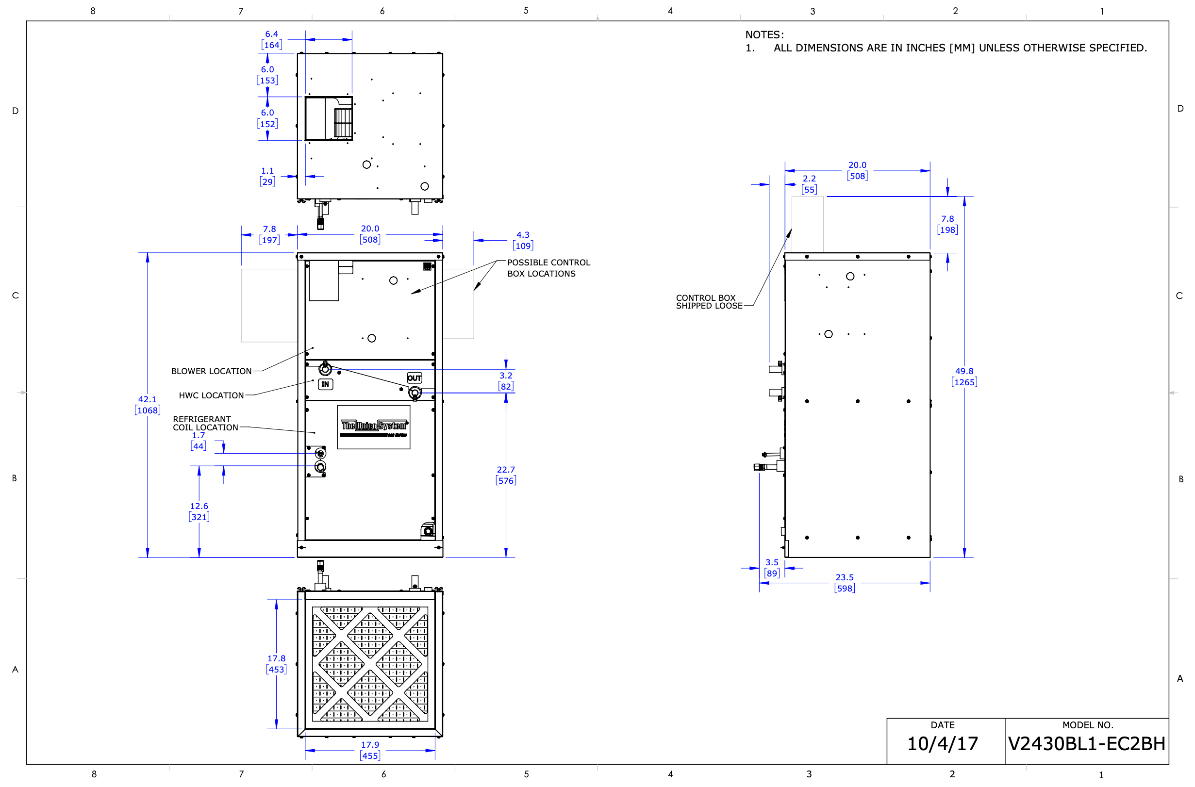 V2430B-1EC2BHC - Controlador de aire vertical, velocidad variable SCB, 120/208/230 V, bobina de 3 filas, (CA) con HWC, revestimiento electrónico