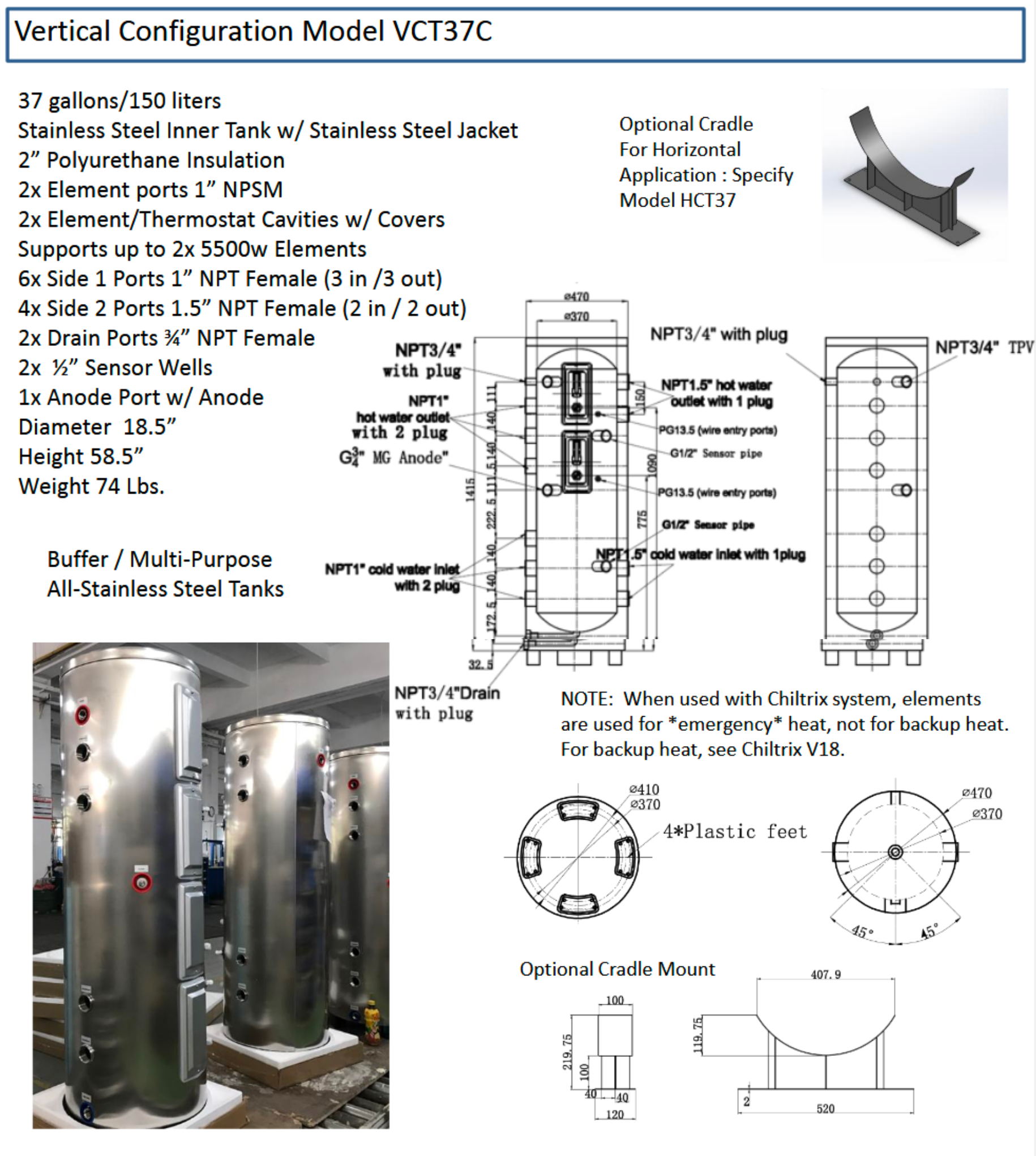 VCT37c - Chiltrix 304 SS Multi-Purpose Water Tank, 37 Gallons