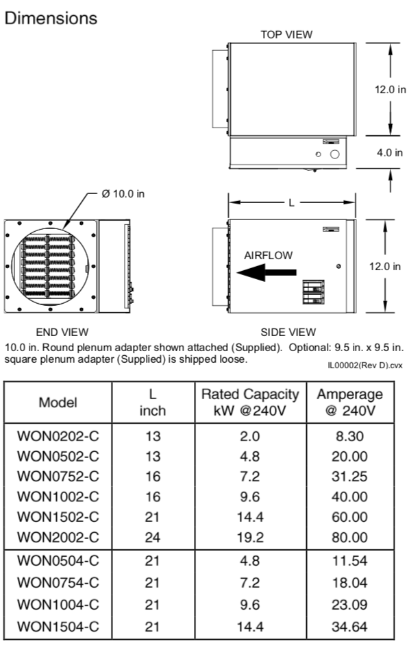 WON0752-C - Horno, Eléctrico, 7,5 kW, 1P/240V (combina con todos los modelos)