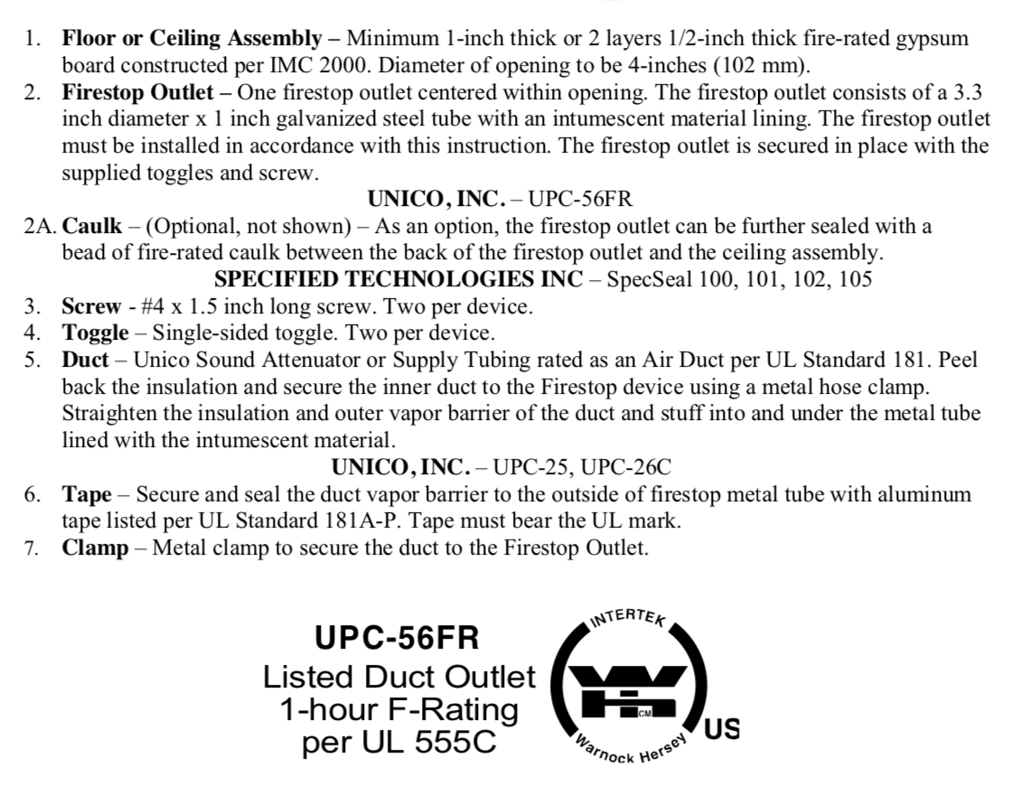 UPC-56FR-1 - 2" Unico System Fire Rated (1 hour, UL555C) Supply Air Outlet, Round, White Plastic