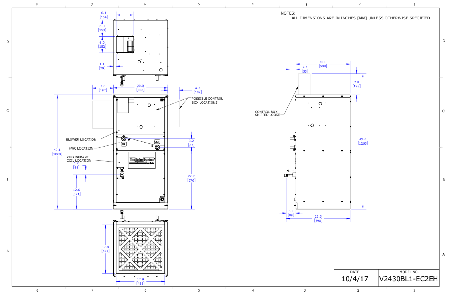 V2430B-1EC2EH - Vertical Air Handler Unit, 2430, 230V, 4 Row Coil, (HP) with HWC