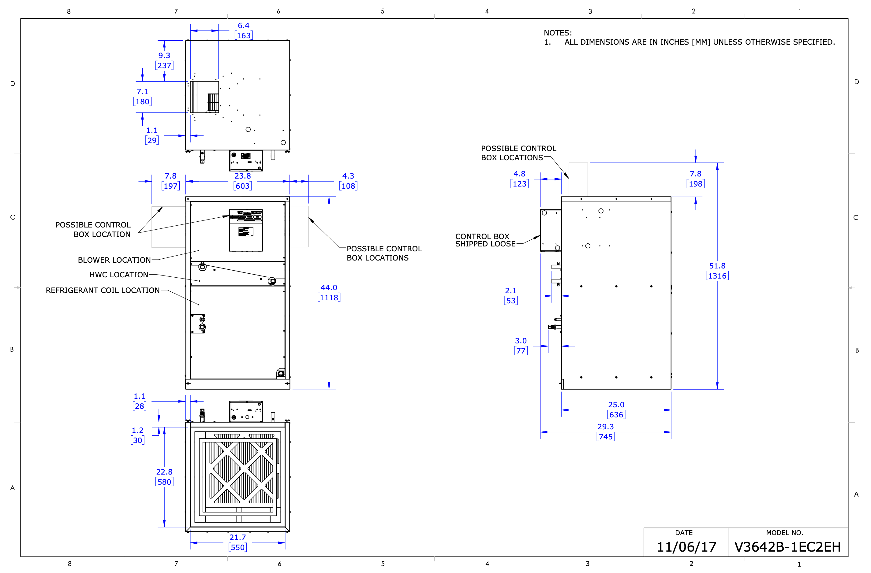 V3642B-1EC2EHC - Vertical Air Handler, SCB, Variable Speed, 120V - 208/230V, 4 Row Coil, (HP) with HWC, E-Coated