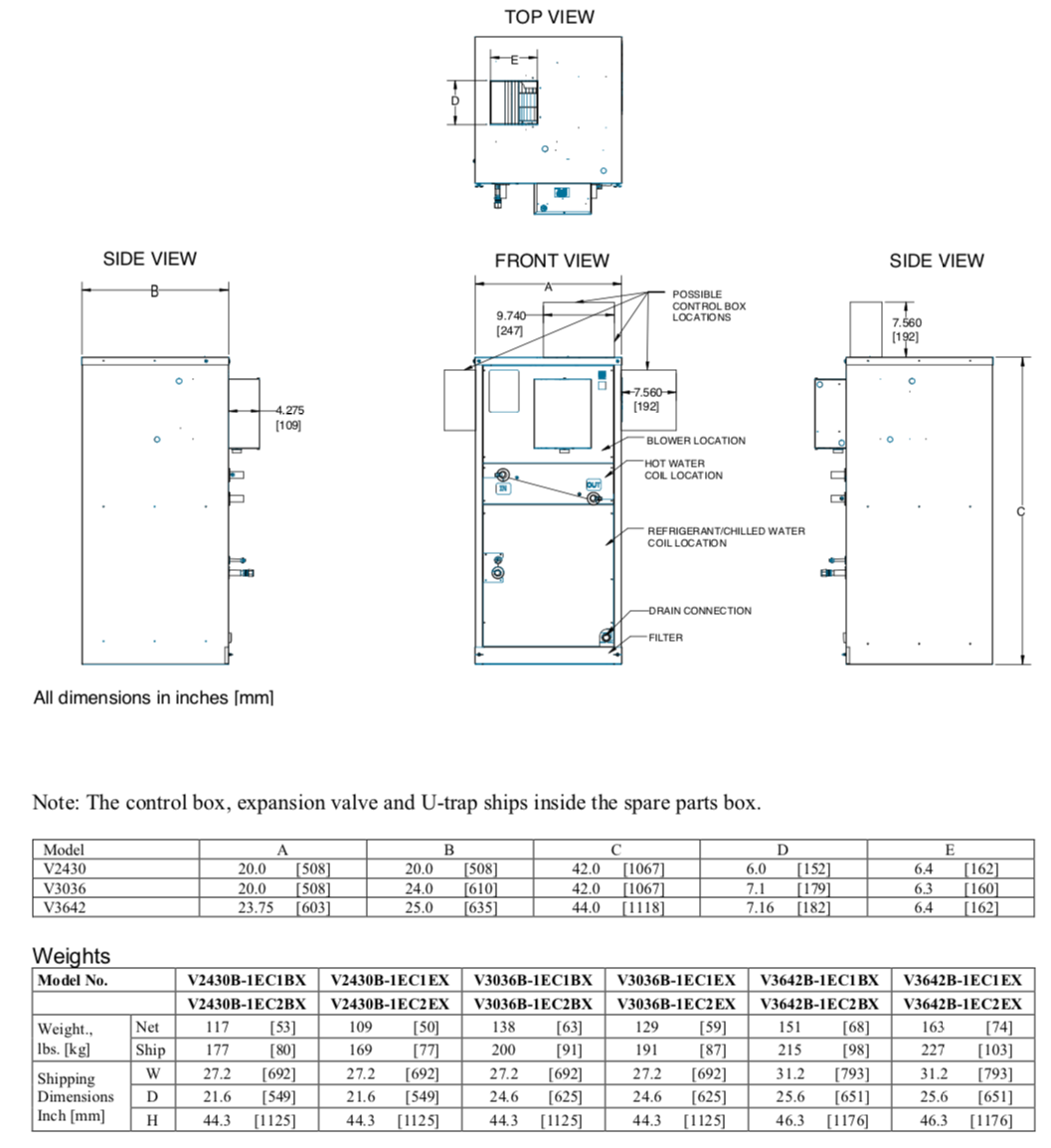 V3642B-1EC1BX - Unidad de tratamiento de aire vertical, 3642, 120 V, bobina de 3 filas, (CA) SIN HWC