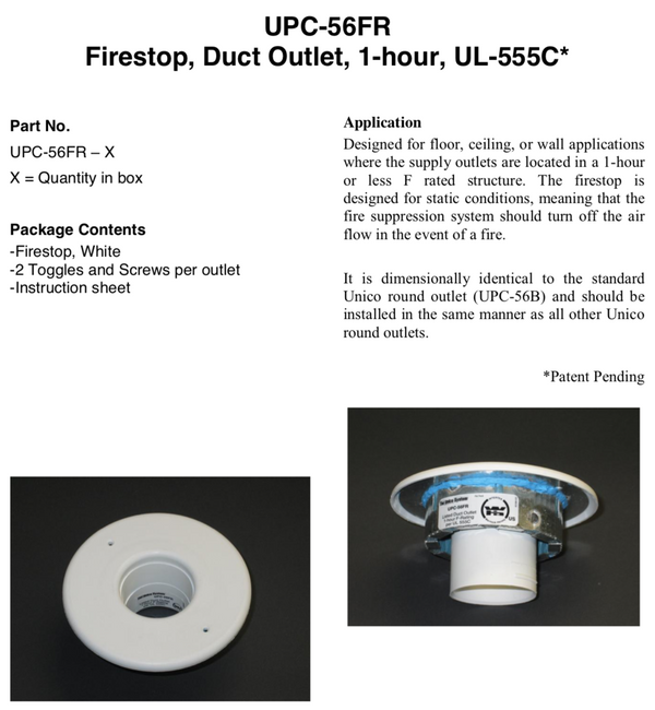 UPC-56FR-1 - 2" Unico System Fire Rated (1 hour, UL555C) Supply Air Outlet, Round, White Plastic