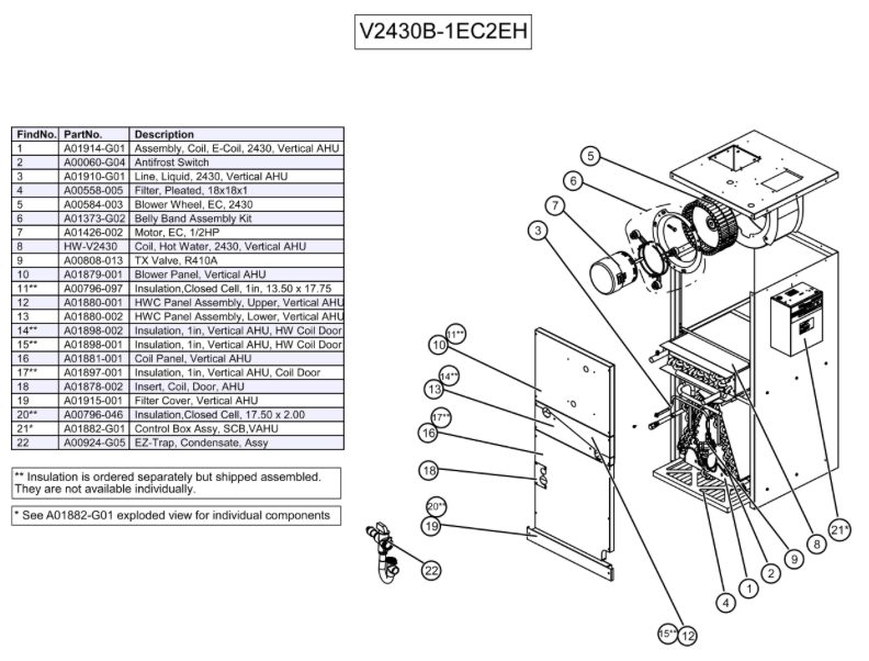 V2430B-1EC2EH - Unidad de tratamiento de aire vertical, 2430, 230 V, bobina de 4 filas, (HP) con HWC