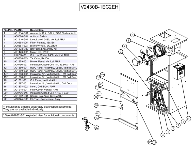 V2430B-1EC2EH - Vertical Air Handler Unit, 2430, 230V, 4 Row Coil, (HP) with HWC
