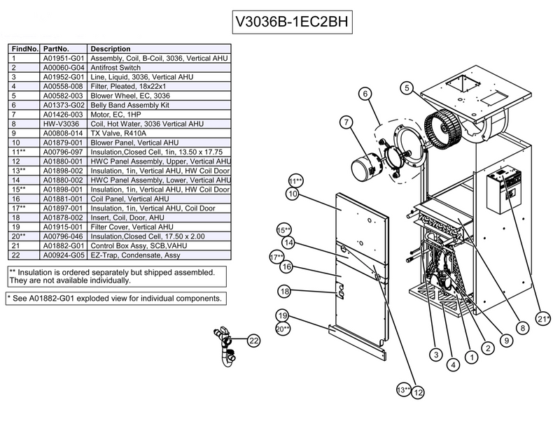 V3036B-1EC2BHC - Vertical Air Handler, SCB, Variable Speed, 120V - 208/230V,3 Row Coil, (AC) with HWC, E-Coated