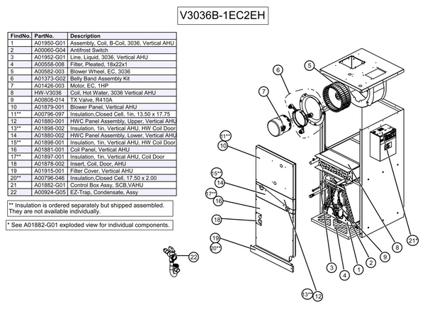 V3036B-1EC2EHC - Vertical Air Handler, SCB, Variable Speed, 120V - 208/230V, 4 Row Coil, (HP) with HWC, E-Coated