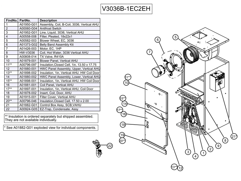 V3036B-1EC2EHC - Vertical Air Handler, SCB, Variable Speed, 120V - 208/230V, 4 Row Coil, (HP) with HWC, E-Coated